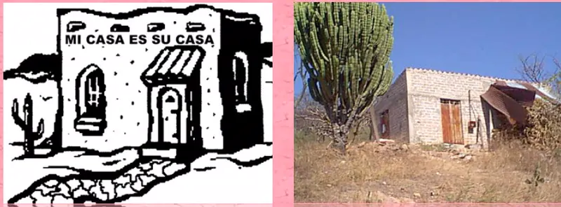 The logo’s house drawing next to a photo of the real family house in Mexico, with a cactus beside it